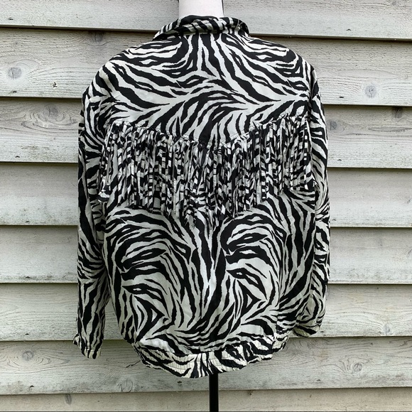 Vintage 80s Silk Zebra Print Fringe Trim Long Sleeve Zip Front Collared Jacket - Picture 15 of 16